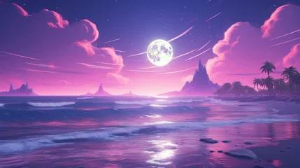 Muurstickers Lo-fi vaporwave aesthetic wallpaper, peaceful nature landscape with mountains at night in nostalgic pastel purple colors © kasha_malasha