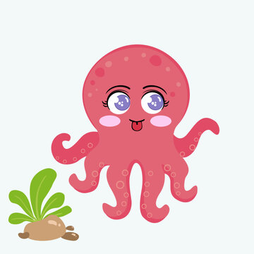 Vector cartoon cute and lively pink octopus