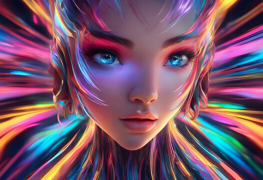 neon cyber girl anima character 3d outerspace futuristic cyborg render illustration