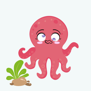 Vector cartoon cute pink octopus