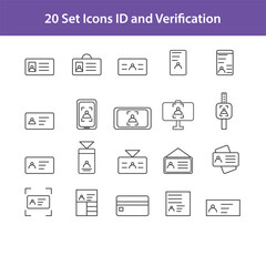 Collection of Vector Line Icons Related to ID and Verification. Contains Icons such as Passport, Scan ID, Scan technology. Editable stroke.