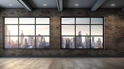 Simple empty brick office premises interior with panoramic windows