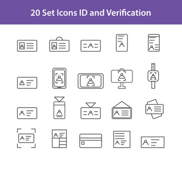 Collection of Vector Line Icons Related to ID and Verification. Contains Icons such as Passport, Scan ID, Scan technology. Editable stroke.