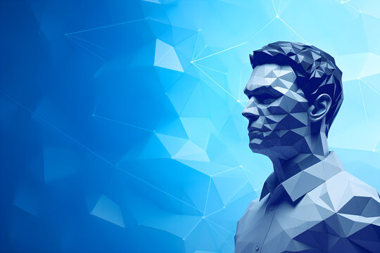 portrait of low poly geometric 3D faceted render of man against a blue background