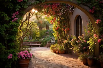 Beautiful peaceful garden with arch doorways. Generative AI