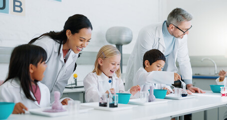 Science, education and students in class with their teachers for learning or to study chemistry. Children, school and scholarship with kids in a laboratory for an experiment of chemical reaction