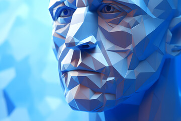 portrait of low poly geometric 3D faceted render of man against a blue background - obrazy, fototapety, plakaty