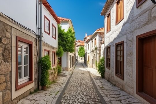 Residential street with traditional private houses. Generative AI