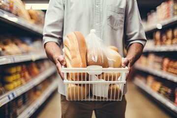Man holding shopping basket with bread and milk groceries in supermarket.