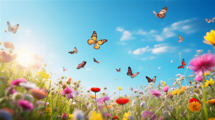 meadow with flowers and blue bright sky