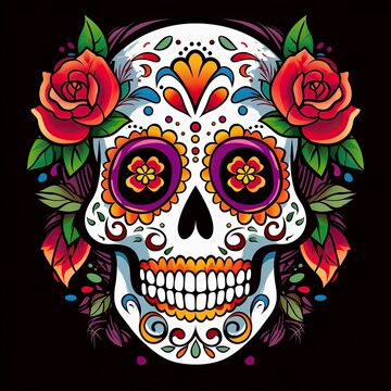 Mexican roses skull. Mexican roses skull. Dia de los muertos shugar colorful head.