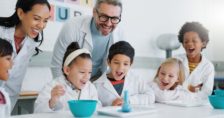 Science, wow and children in class with their teachers for learning or to study chemistry. Surprise, school and scholarship with student kids in a laboratory for an experiment of chemical reaction