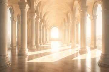 Fototapeta premium Pillars in a Lengthy with Bright Hallway Sunlight