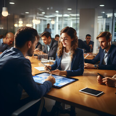 Business people discussing documents and ideas at meeting
