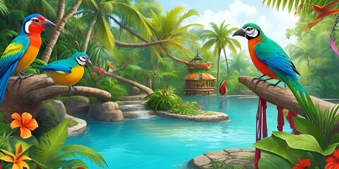 A painting of parrots and a waterfall in a jungle with a waterfall in the background. - obrazy, fototapety, plakaty