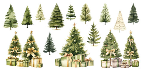 set of christmas trees and presents olive green beige watercolor vectors - obrazy, fototapety, plakaty
