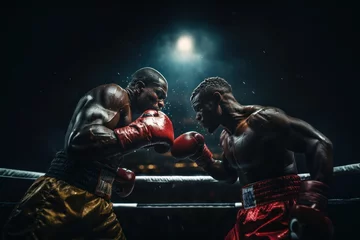 Foto op Plexiglas Two male boxers fighting with gloves in a boxing ring. Generative AI © Prathankarnpap