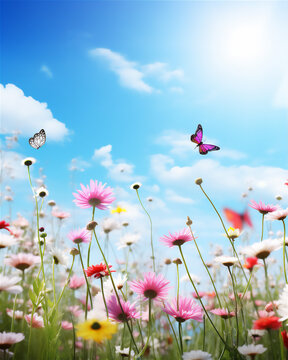 Fototapeta meadow with flowers and blue bright sky