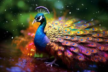 rainbow iridescent peacock with feathers out in the forest © sam