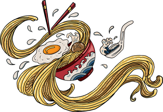 Traditional Japanese ramen and wave for restaurant printing on wallpaper.Ramen vector illustration for doodle art.Sunrise with chopsticks vector for painting on background.