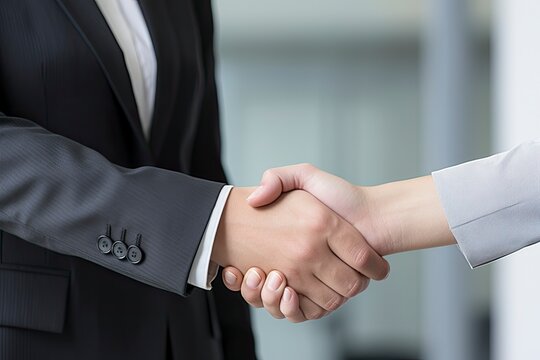 Man and women shaking hands after an interview.