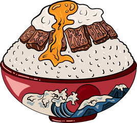Beef and fried egg on rice bowl.Vector illustration of Japanese food for printing on shirt.Beutiful line art of Asian food for painting on wallpaper at restaurant.Salmon on top rice vector for menu.