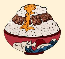 Beef and fried egg on rice bowl.Vector illustration of Japanese food for printing on shirt.Beutiful line art of Asian food for painting on wallpaper at restaurant.Salmon on top rice vector for menu.