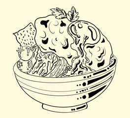 Beef and fried egg on rice bowl.Vector illustration of Japanese food for printing on shirt.Beutiful line art of Asian food for painting on wallpaper at restaurant.Salmon on top rice vector for menu.