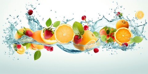 Swirl water splash with fruits. liquid flow with ice cubes and a mix of fresh fruits. - obrazy, fototapety, plakaty
