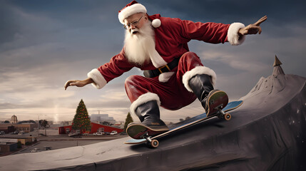 Santa is pulling off skateboard tricks - obrazy, fototapety, plakaty