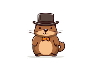 Doodle Groundhog wearing a hat, cartoon sticker, sketch, vector, Illustration, minimalistic