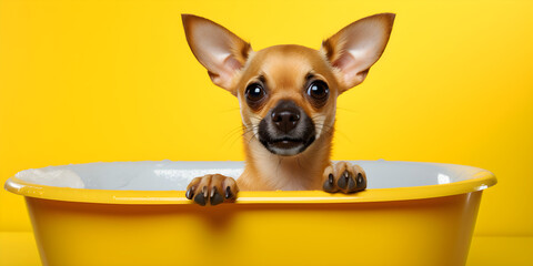 cute dog in bathtub on a yellow background