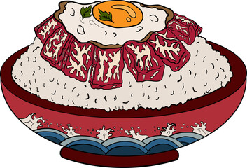 Beef and fried egg on rice bowl.Vector illustration of Japanese food for printing on shirt.Beutiful line art of Asian food for painting on wallpaper at restaurant.Salmon on top rice vector for menu.