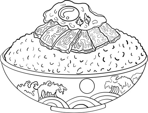 Beef and fried egg on rice bowl.Vector illustration of Japanese food for printing on shirt.Beutiful line art of Asian food for painting on wallpaper at restaurant.Salmon on top rice vector for menu.
