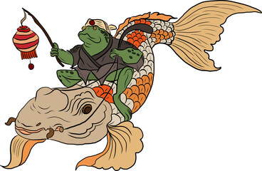 Frog riding koi fish carp vector illustration.Traditional Japanese art for printing on shirt.Frog design for painting on background.Idea for paint on wallpaper at restaurant.Frog holding the lamp.
