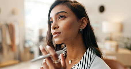 Face, thinking and a designer indian woman in her workshop for logistics or supply chain planning....