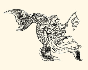 Frog riding koi fish carp vector illustration.Traditional Japanese art for printing on shirt.Frog design for painting on background.Idea for paint on wallpaper at restaurant.Frog holding the lamp.