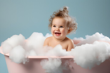cute baby in bathtub with bubble bath foam on a blue background
