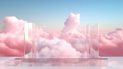 Front view of transparent podium decorated with a cloudy pink sky background abstract conten