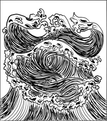 Japanese wave vector illustration for T-shirt.Traditional Chinese wave and sunrise.Beautiful line art of nature for printing on shirt.Asian art for doodle and painting on background.