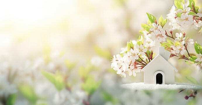 Toy house and cherry flowers, spring abstract natural background. © Ahasanara