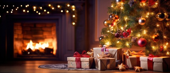 Naklejka na ściany i meble Christmas Home Room, Gift Box Below Tree With Lights And Fireplace.