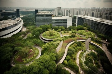 Beautiful rooftop garden atop Funan Mall in Singapore. Generative AI