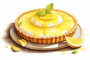 Illustration of a lemon tart dessert in watercolor style. A traditional French treat depicted in art form. Generative AI - obrazy, fototapety, plakaty