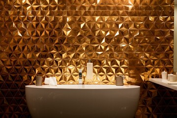 Luxurious golden wall made of diamond-shaped, glossy 3D tiles. Generative AI