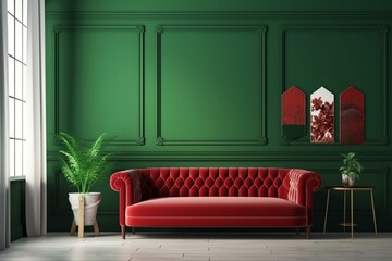 Frame in green interior with red sofa, table, decor, 3D rendering. Generative AI