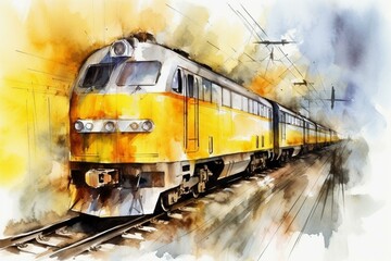 Obraz premium Colorful watercolor painting: fast train with vibrant yellow color on a railway backdrop for advertising and banners. Generative AI