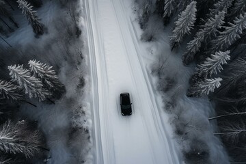Bird's-eye view of car moving on snowy road. Generative AI