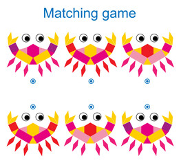 Matching game for children. Task for the development of attention and logic. Cartoon crab.