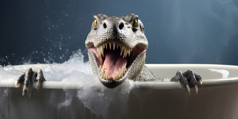 dinosaur in bathtub with bubble bath foam
